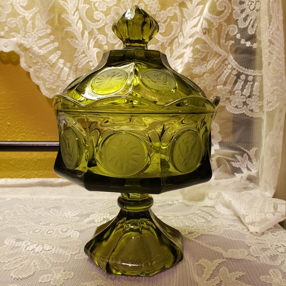 Vtg Candy Nut Dish W/Lid Fostoria Coin Green Glass - Picture 3 of 13